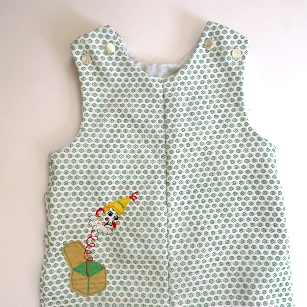 Vintage 60s Green Clown Romper Baby Toddler Sleeveless Jack-in-the-Box Whimsical